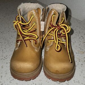 Kids Tan Work-Style Boots with Yellow & Burgundy Laces
